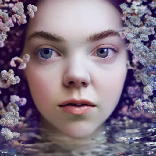Image similar to portrait of a beautiful girl + anya taylor - joy floating under the deep dream water, beautiful smooth soft light + white petal, by personal photography, art by brookskim, closeup, 4 k, highly detailed, instagram,