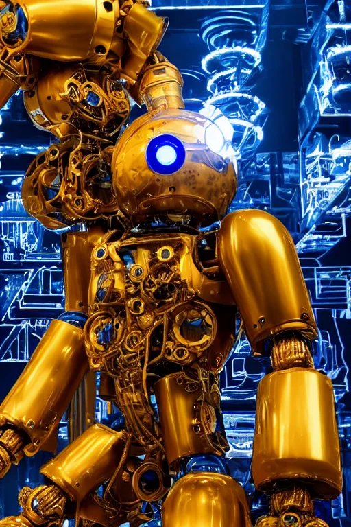 Image similar to photo of a giant huge golden and blue metal humanoid steampunk robot with big gears and tubes, robot is broken and falling apart into pieces, eyes are glowing red lightbulbs, shiny crisp finish, 3 d render, 8 k, insaneley detailed, fluorescent colors, background is multicolored lasershow