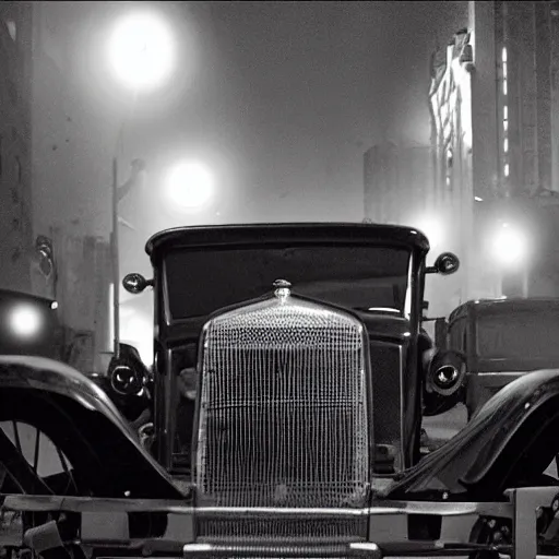 Image similar to very closeup photo of vin diesel as tommy angelo standing near ford model t, chicago 1 9 3 0, night, volumetric lighting, ultra realistic, highly detailed, cinematic, art by jan urschel and neil blevins