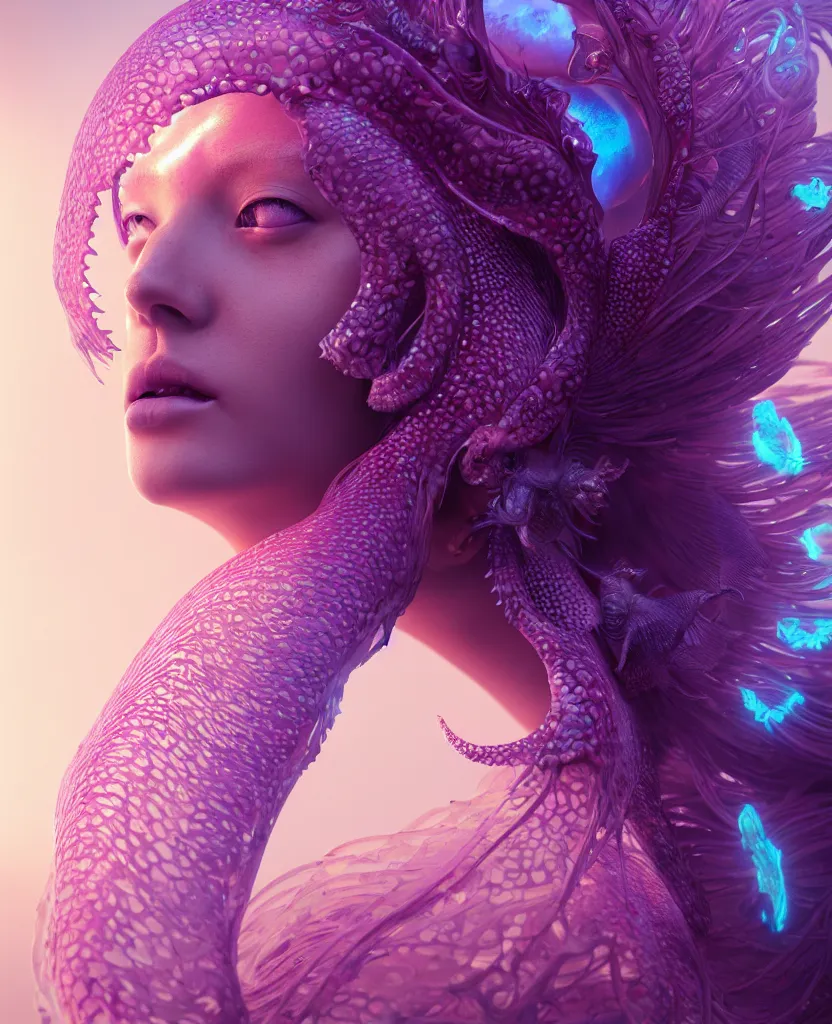 Image similar to goddess close-up portrait. orchid jellyfish phoenix head, nautilus, skull, betta fish, bioluminiscent creatures, intricate artwork by Tooth Wu and wlop and beeple. octane render, trending on artstation, greg rutkowski very coherent symmetrical artwork. cinematic, hyper realism, high detail, octane render, 8k