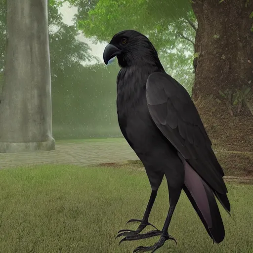 Prompt: a big friendly jungle crow in a park in a rainy day, digital painting, ultra detailed, unreal engine 5
