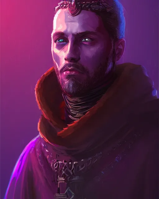 Image similar to a portrait of a medieval king, cyberpunk, purple color scheme, grim - lighting, high - contrast, intricate, elegant, highly detailed, digital painting, artstation, concept art, smooth, sharp focus, illustration