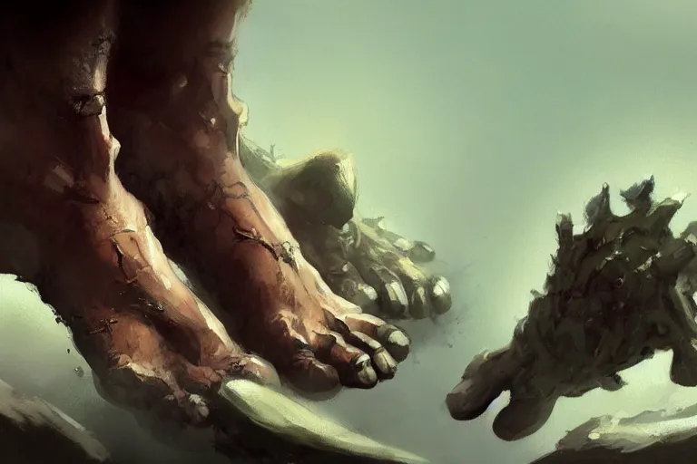 Image similar to close-up of feet of an ogre, dirty nails, concept art in style of Greg Rutkowski, painted by Frank Frazetta, trending on artstation