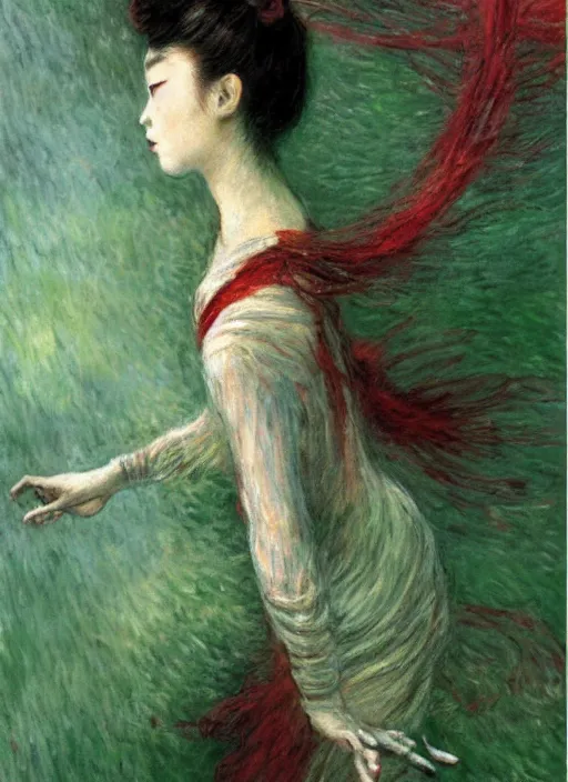 Image similar to a gorgeous prima ballerina japanese art with a red scarf, medium long brown hair, green eyes, is looking at a bird, ethereal, horror, fantasy art by greg rutkowski and magali villeneuve and claude monet