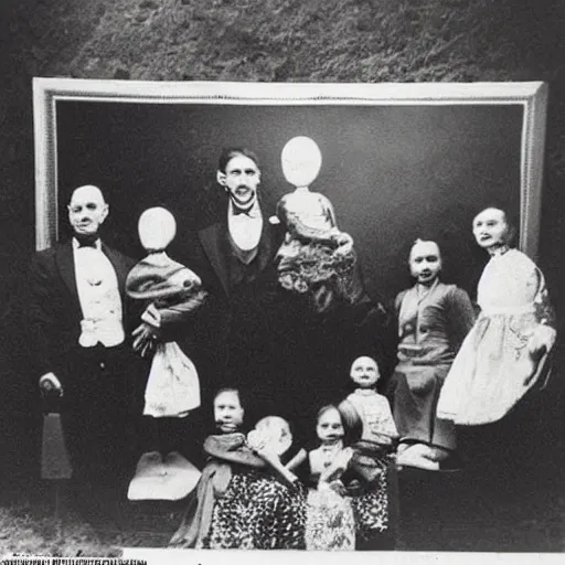 Image similar to old alien family photos, black and white, 1 9 0 0 s