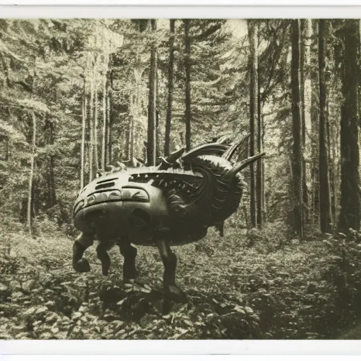 Prompt: polaroid photo of a unicron! in a forest in the 1 9 6 0 s