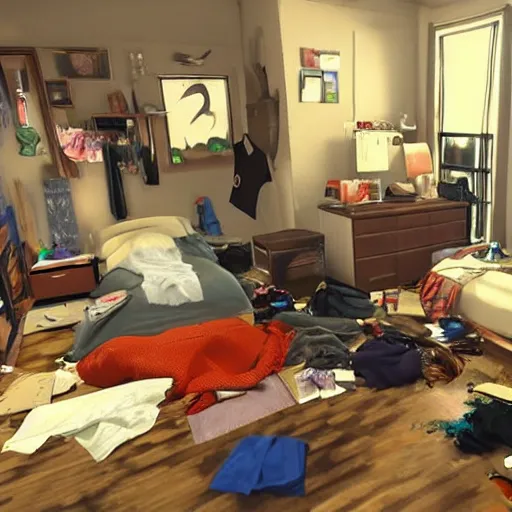 Image similar to very messy bedroom with random objects, clothes, and trash piled high in between the tv and the couch, where three stoner teens, one with messy hair and a beard, one with pale white skin and short side - swept hair, and one with pale white skin, long hair, and a goatee all playing video games