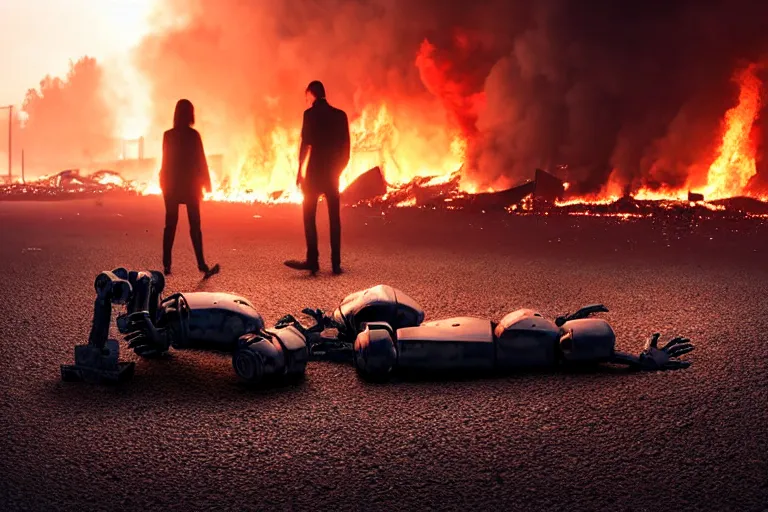 Image similar to vfx film closeup, dead robot couple on the ground holding hands, city street tire tracks fire. flat color profile low - key lighting award winning photography arri alexa cinematography, hyper real photorealistic cinematic atmospheric cool colorgrade