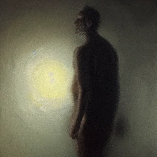 Image similar to man floating in the dark, oil painting, pale colors, high detail, 8 k, wide angle, trending on artstation,