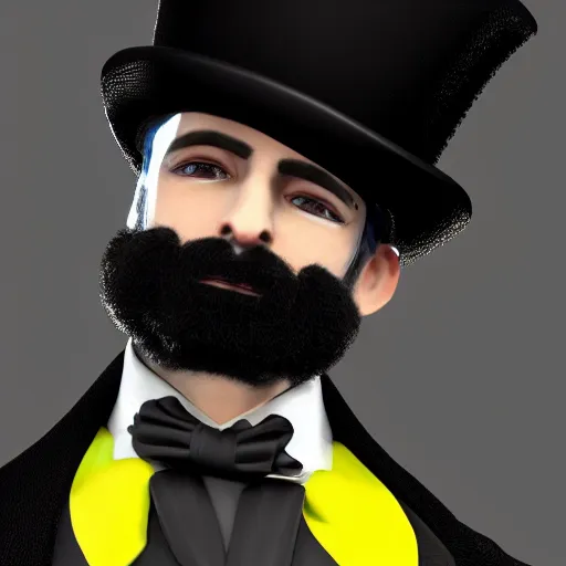 Image similar to a highly detailed portrait of a man in a high top hat covering his face, in a black tailcoat with a yellow waistcoat under the tailcoat, artstation, deviantart, professional, unreal engine 5, photorealistic