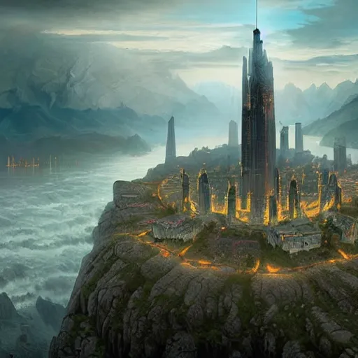 Prompt: an ultra detailed matte painting of a lonely and impossibly tall ominous dark tower elevated high above the city, on an isolated plateau island in a river elevated high above the city fortress tower, fantasy capital city, ultrawide lense, aerial photography, volumetric lighting, exquisite detail, 8 k, art by artgerm and greg rutkowski and alphonse mucha