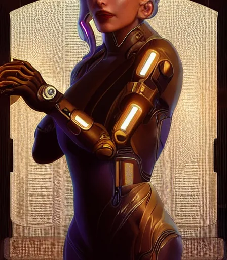 Prompt: portrait of a cyberpunk art deco woman who looks like Samus Aran sci-fi, fantasy, intricate, elegant, highly detailed, digital painting, artstation, smooth, sharp focus, illustration, art by artgerm and greg rutkowski and alphonse mucha