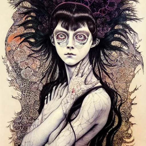 Prompt: prompt: Mysterious girl face painted in William Blake style drawn by Vania Zouravliov and Takato Yamamoto, intricate oil painting, high detail, Neo-expressionism, post-modern gouache marks on the side, gnarly details soft light, white background, intricate detail, intricate ink painting detail, sharp high detail, manga and anime 2000