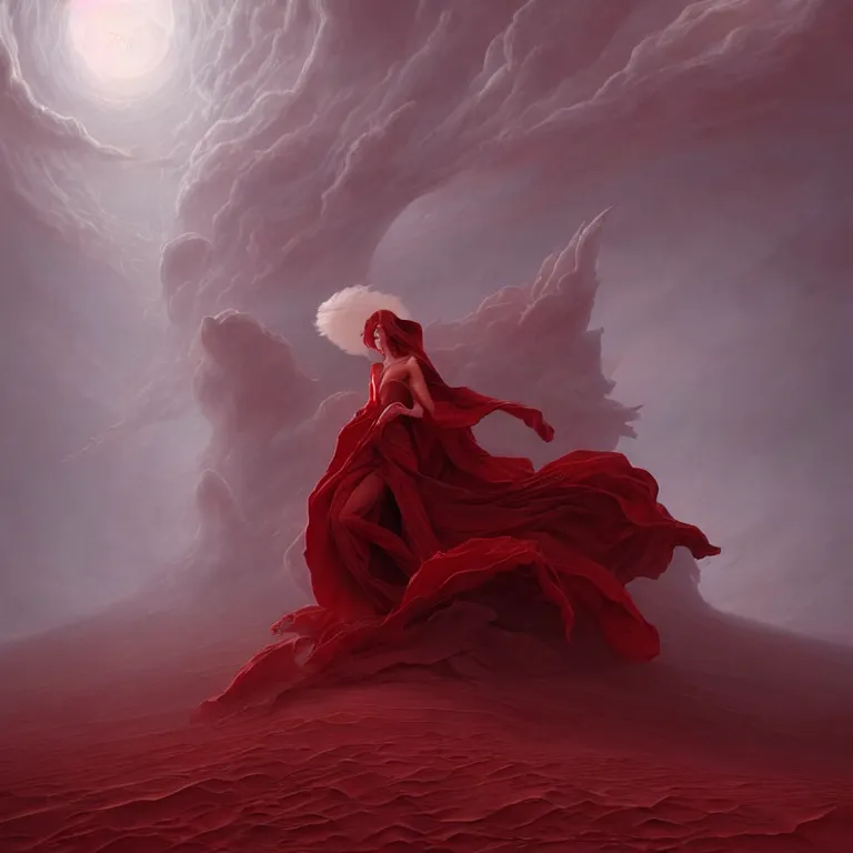 Image similar to one lone singular swirling otherworldly angel shrouded in red robes emerges from extensive barren white dunescape, matte painting by peter mohrbacher and filip hodas, background basilica! sacrecoeur!, godrays, high contrast, highly detailed, a