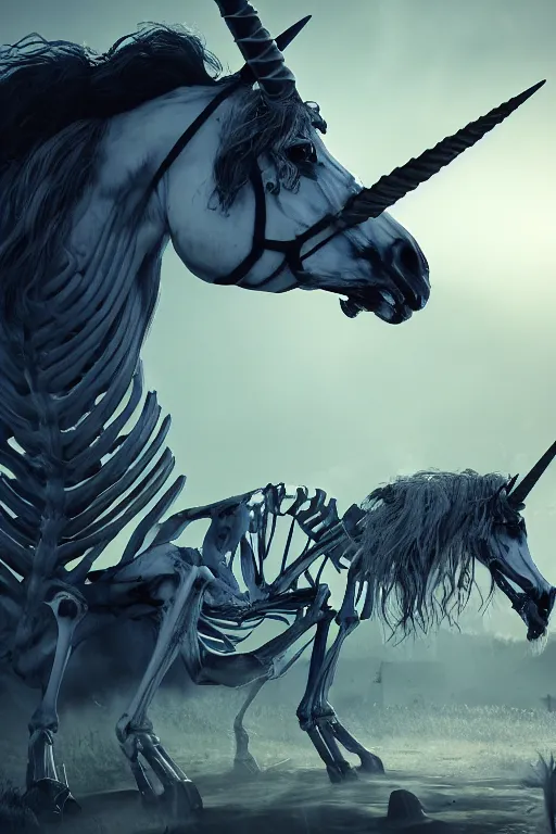 Image similar to A unicorn skeleton, dramatic lighting, cinematic, establishing shot, extremely high detail, foto realistic, cinematic lighting, post processed, concept art, high details, cinematic, 8k resolution, beautiful detailed, photorealistic, digital painting, artstation, concept art, smooth, sharp focus, artstation trending, octane render, unreal engine