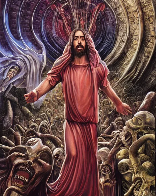 Image similar to jesus christ in a supermarket, by antonio j. manzanedo, giger, alex grey, android jones, wayne barlowe, philippe druillet, raymond swanland, cyril rolando, josephine wall, harumi hironaka, trending on artstation