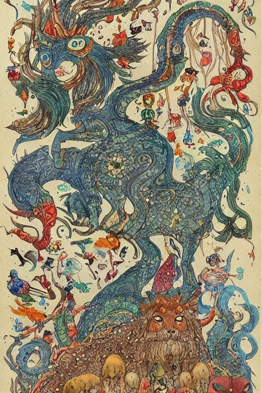 Image similar to intricate and detailed persian miniature of mythical creatures in the style of studio ghibli