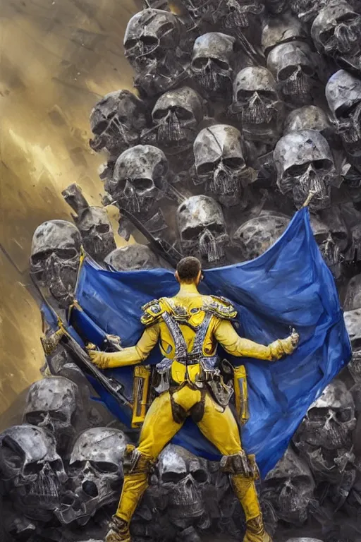 Image similar to a distant shot from behind of a Ukrainian super soldier with blue and yellow flag behind him standing alone on a huge pile of skulls as a winner, masculine muscular figure, D&D, fantasy, intricate, elegant, highly detailed, extremely detailed, digital painting, artstation, concept art, matte, sharp focus, symmetrical, illustration, art by Artgerm and Greg Rutkowski and Alphonse Mucha