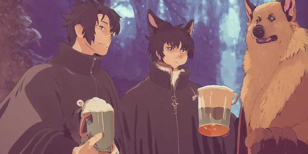 Image similar to a two german shepherds beast - men, holding a mug of beer, a lot of pockets, fur cape, tavern background, magical, bright, colorful, fantastic lighting, amazing details, 4 k uhd, illustration by hayao miyazaki and makoto shinkai and ilya kuvshinov, artstation, pixiv,