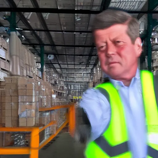 Image similar to photo, close up, john f kennedy in a hi vis vest, in warehouse, android cameraphone, 2 6 mm,