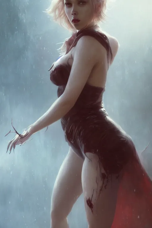 Image similar to a portrait of a very attractive Scarlett Johansson as a succubi by Greg Rutkowski, Sung Choi, Mitchell Mohrhauser, Maciej Kuciara, Johnson Ting, Maxim Verehin, Peter Konig, final fantasy , mythical, 8k photorealistic, cinematic lighting, HD, high details, atmospheric,