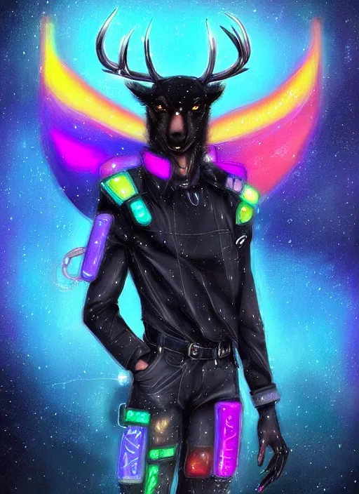 Image similar to award winning beautiful portrait commission of a male furry anthro Black Reindeer cyberpunk fursona with a tail, wings, wings, wings and a cute beautiful attractive detailed furry face wearing stylish black and rainbow galaxy clothes, outline, in a cyberpunk city at night while it rains. Character design by charlie bowater, ross tran, artgerm, and makoto shinkai, detailed, inked, western comic book art