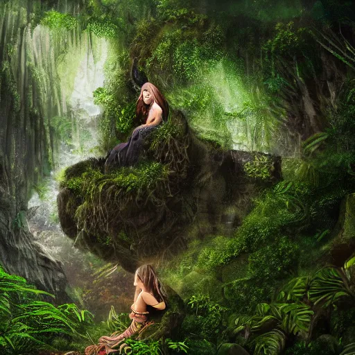 Prompt: Still of an elfish woman with gorgeous flowing hair in a hidden temple in a lush jungle, sitting on a cave rock, greenish atmosphere with detailed highlights, dark gloomy sky cascading upon the atmosphere, well-detailed ornate Elfish mountains in the background, trending on artstation, 4k, 8k