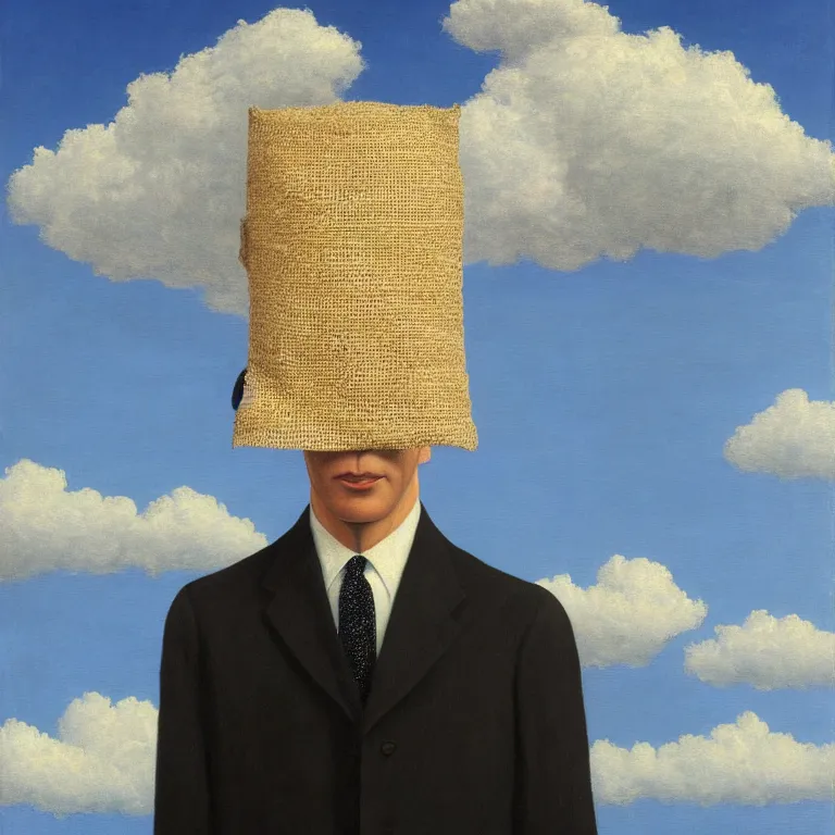 Prompt: portrait of a faceless burlap sack - head man in a suit, clouds in the background, by rene magritte, detailed painting, distance, centered, hd, hq, high resolution, high detail, 4 k, 8 k