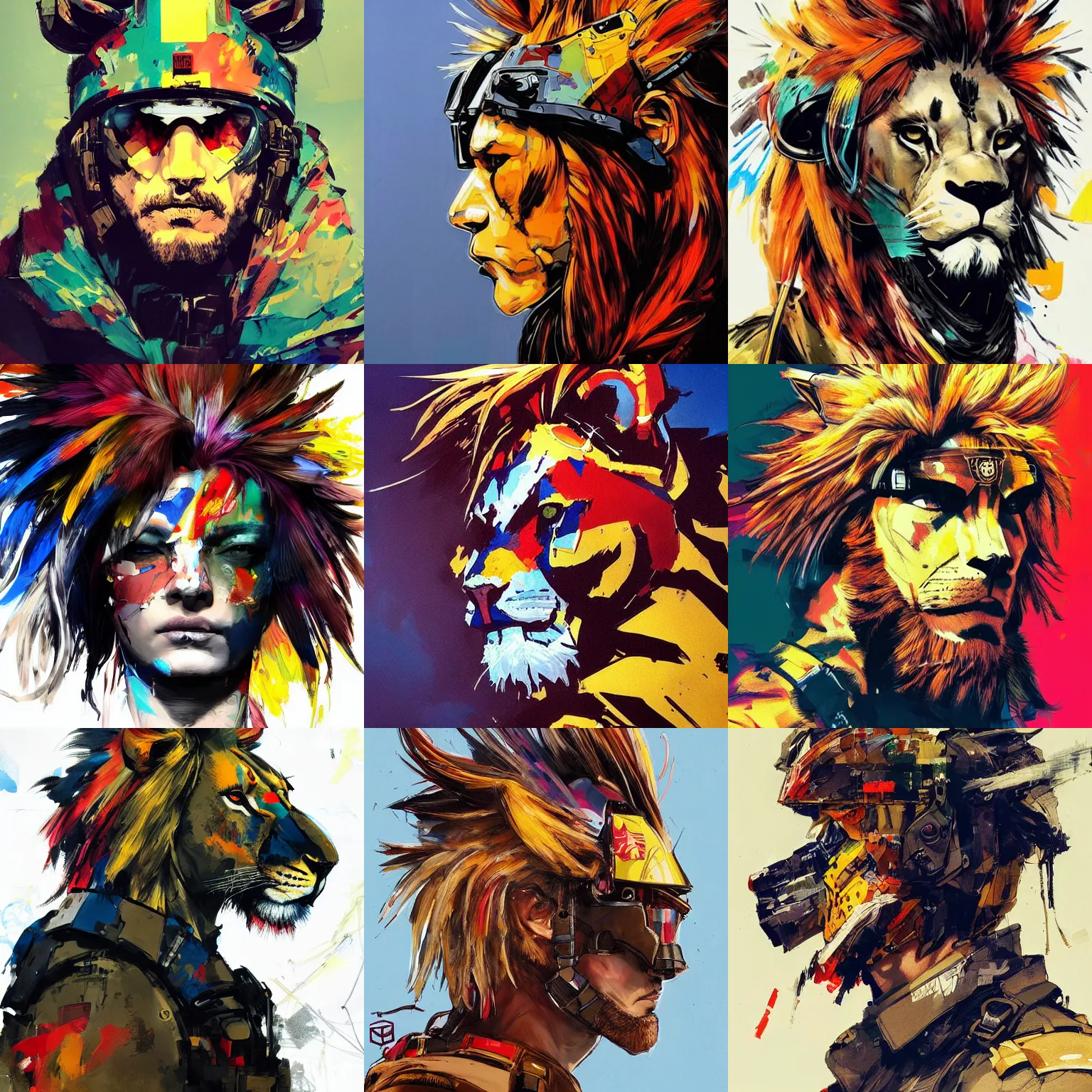 Prompt: a beautiful side portrait painting of a soldier, with a lion helmet. the mane is pretty colorful. art by yoji shinkawa and sandra chevrier, trending on artstation, award - winning, perfect composition.