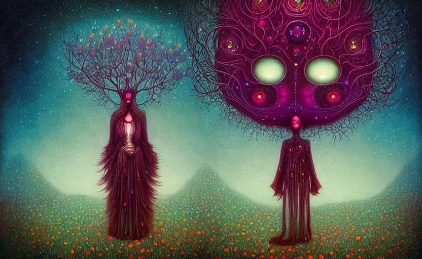 Prompt: surreal psychedelic androids, nostalgia for a fairytale, magic realism, flowerpunk, mysterious vivid colors by andy kehoe and amanda clarke, highly detailed, insane details