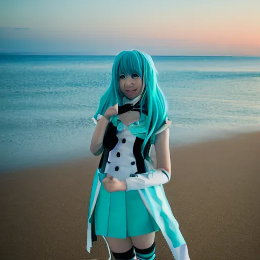 Prompt: photo of hatsune miku cosplayer takes a walk on late evening beach, f 2,4