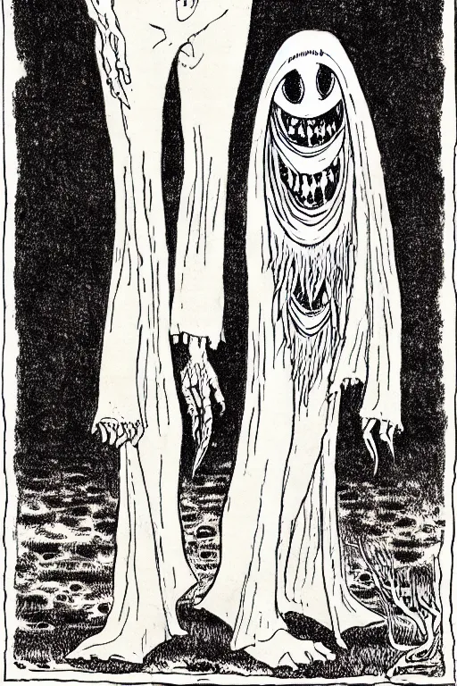 Prompt: a ghostly pair of walking white pants with two eyes as a d & d monster, full body, pen - and - ink illustration, etching, by russ nicholson, david a trampier, larry elmore, 1 9 8 1, hq scan, intricate details, inside stylized border