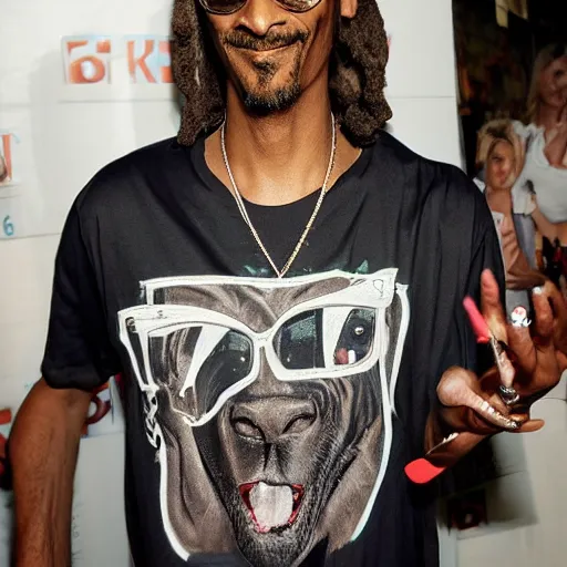 Image similar to Snoop Dog with big eyes eye color red , smiling and holding a joint in his hand