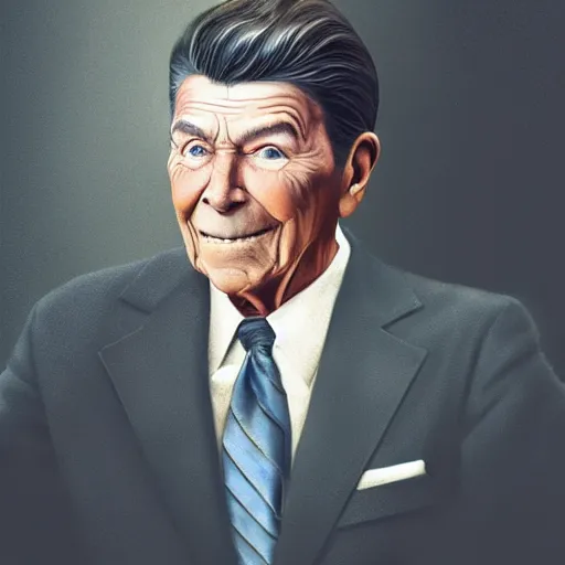 Prompt: gay ronald reagan, smooth, focus, highly detailed, hyper realistic, dramatic lighting, intricate, concept art, art by wlop, mars ravelo