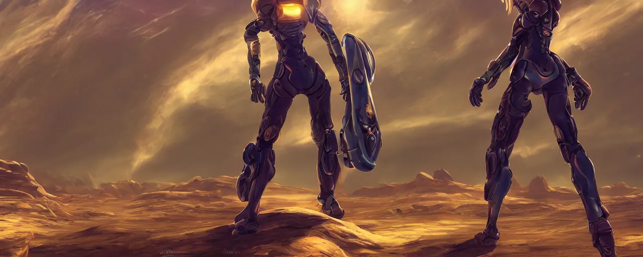 Prompt: Samus in the varia suit standing in the middle of a desolate planet, full body shot, wearing her helmet, looking into the horizon, the planet is full of otherworldly natural structures, a moon floats above the horizon, artstation, digital 2d drawing, high detail