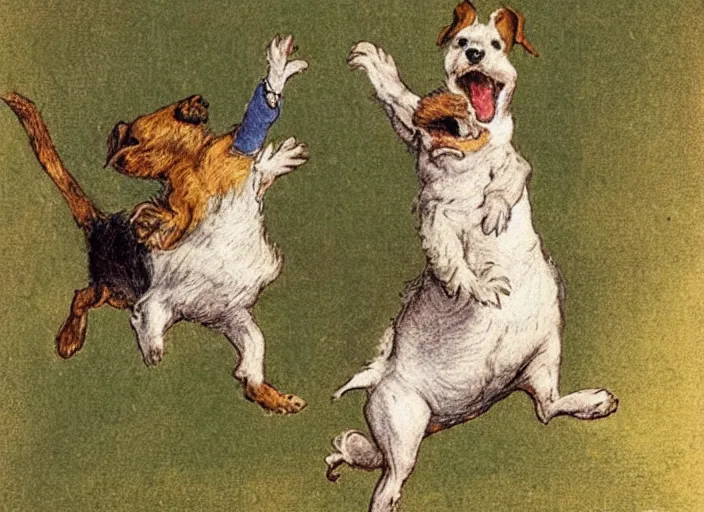 Prompt: portrait of happy jack russel terrier jumping, illustrated by peggy fortnum and beatrix potter and sir john tenniel