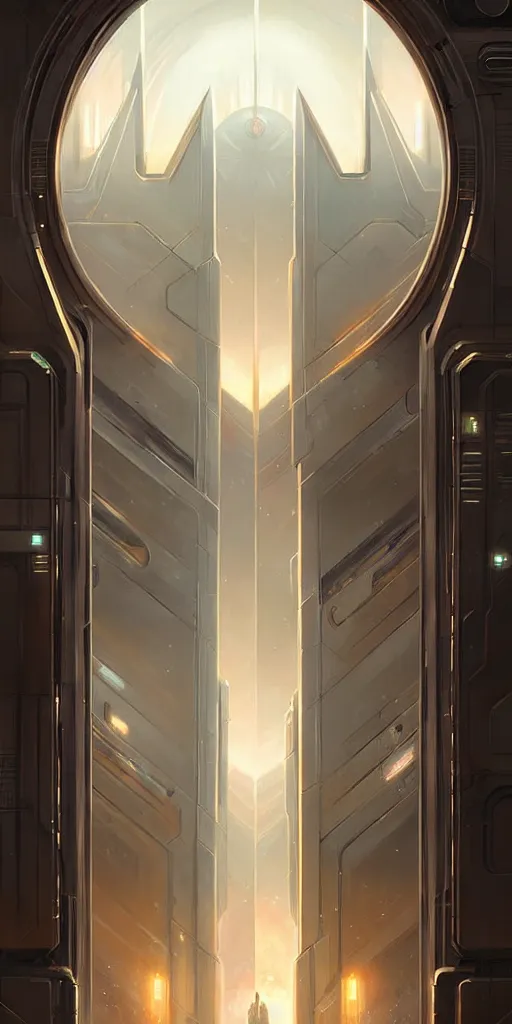 Image similar to hyper realistic art - deco sci - fi double door by jordan grimmer, darek zabrocki