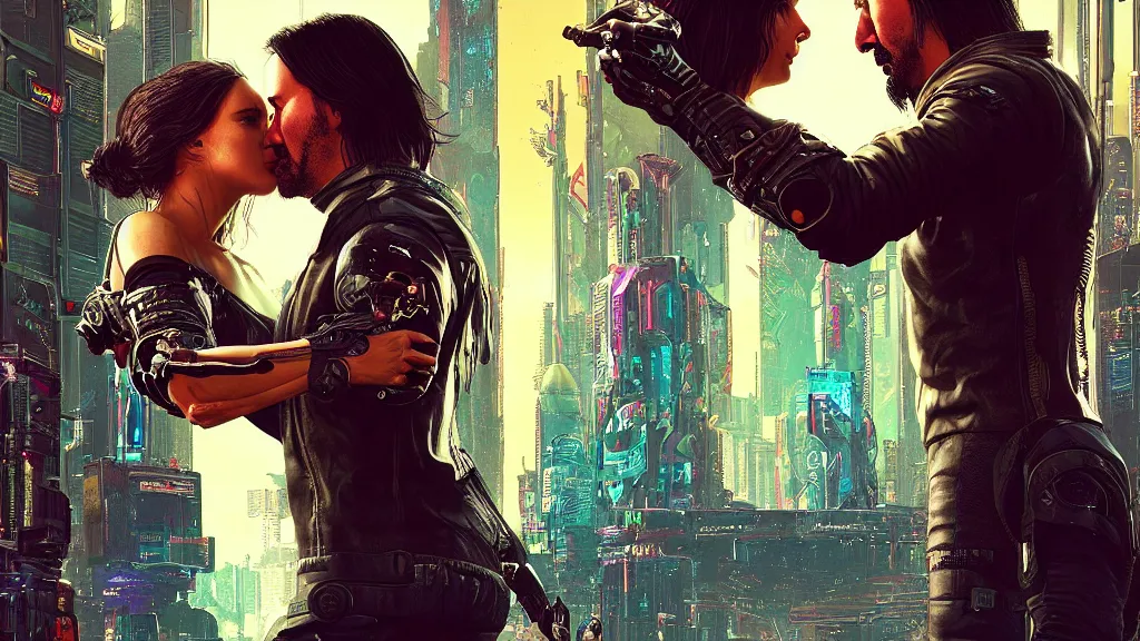 Image similar to a cyberpunk 2077 srcreenshot couple portrait of Keanu Reeves and a female android final kissed in night city,love,romantic,film lighting,by Lawrence Alma-Tadema,Andrei Riabovitchev,Laurie Greasley,Dan Mumford,John Wick,Speed,Replicas,artstation,deviantart,FAN ART,full of color,intricate,concept art,smooth,elegant,Digital painting,illustration,sharp focus,face enhance,highly detailed,8K,octane,golden ratio,cinematic lighting