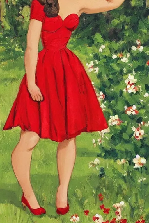 Prompt: a portrait of a beautifull woman, wearing a red dress,with a beautifull smile,a garden background.in american style pin up.anatomically correct