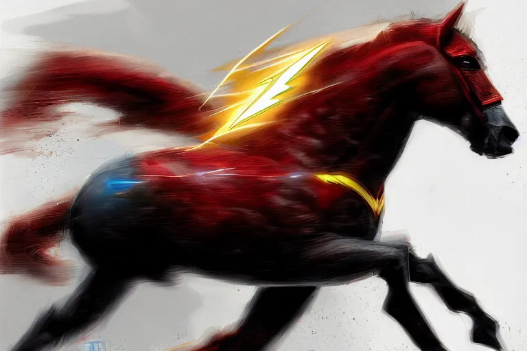 Image similar to a stunning digital painting of a horse as the flash in costume running in the speedforce by greg rutkowski, volumetric light, digital art, fine detail, photorealistic