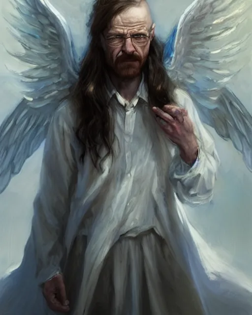 Image similar to walter white winged angel, male!!!!!!!, long white hair, by daniel gerhartz, trending on artstation