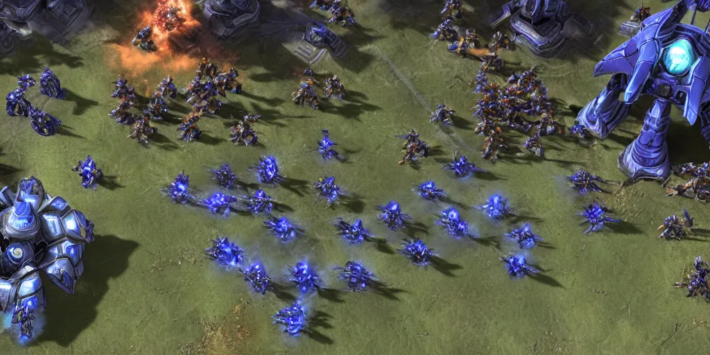 Prompt: a screenshot from starcraft 2, rts game, professional match, protoss and zerg