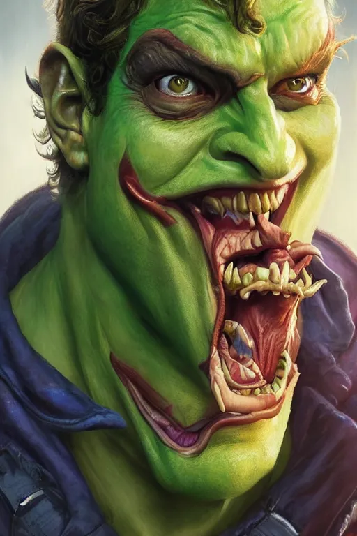 Image similar to portrait of mark zuckerberg as the joker as a hulking herculean demon orc bugbear clown, godlike, upper body, fantasy, intricate, elegant, highly detailed, digital painting, artstation, concept art, sharp focus, illustration, art by artgerm and greg rutkowski and alphonse mucha