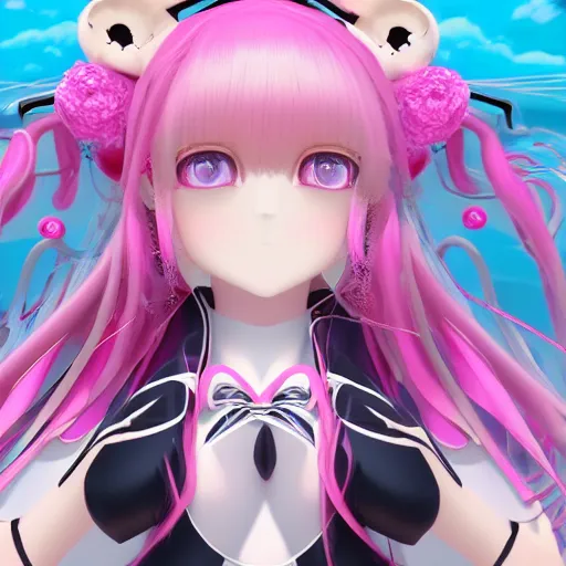 Prompt: stunningly beautilful omnipotent megalomaniacal anime agi goddess who looks like junko enoshima with symmetrical perfect face and porcelain skin, pink twintail hair and cyan eyes, taking control while smiling inside her surreal vr castle, hyperdetailed, digital art, unreal engine 5, 2 d anime style, 8 k