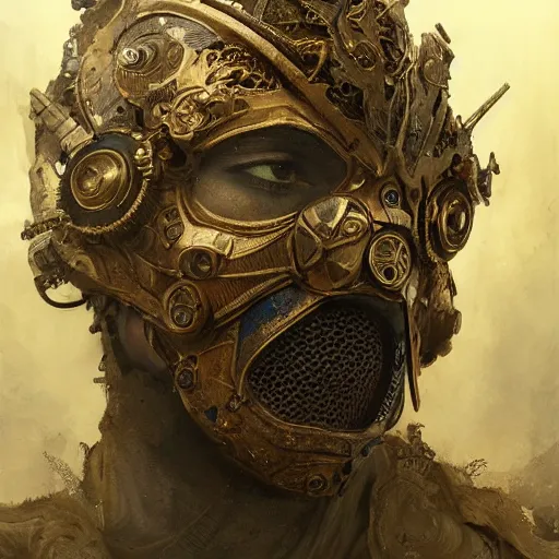 Image similar to Very very very very highly detailed epic photo of face with venetian mask, intricate, dystopian, sci-fi, extremely detailed, digital painting, artstation, concept art, smooth, sharp focus, illustration, intimidating lighting, incredible art by Greg Rutkowski and Jakub Rozalski and Artgerm and Anton Pieck