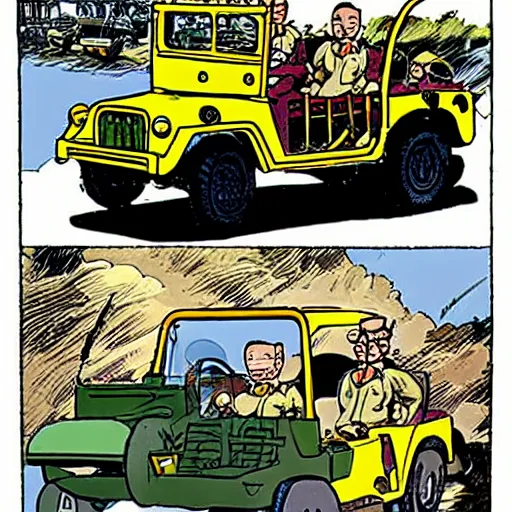 Image similar to tintin driving an army jeep. comic book