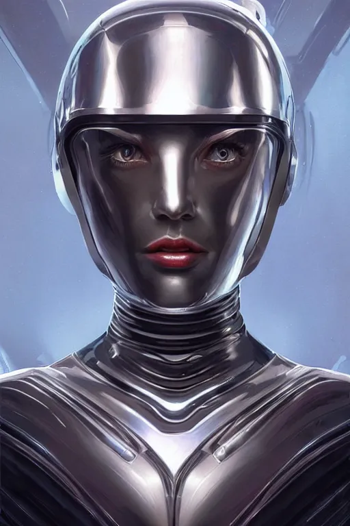 Image similar to retro-futuristic female android in chrome armour, facial portrait, rim light, ornate pattern, painting by vincent di fate, artgerm julie bell beeple, Smooth gradients, High contrast, depth of field, very coherent symmetrical artwork