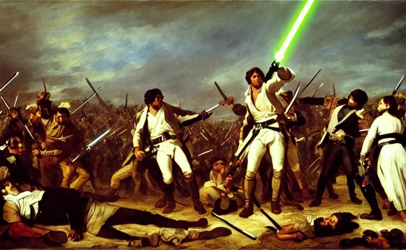 Image similar to liberty leading the people, french revolution, eugene delacroix, jedi, lightsaber, ewoks, endor forest, oil on canvas