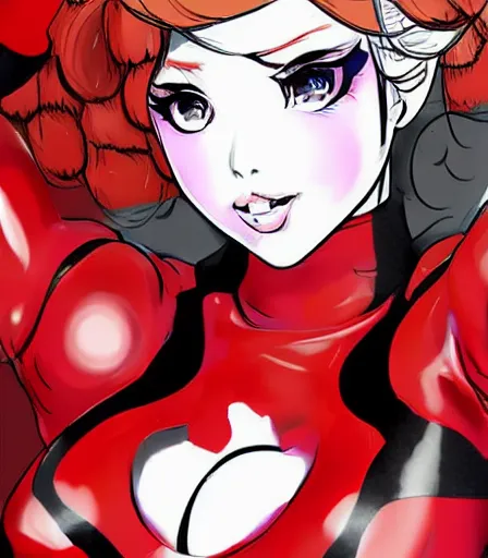 Image similar to beautiful ann takamaki from Persona 5 in her red latex outfit digital portrait in the style of stanley artgerm