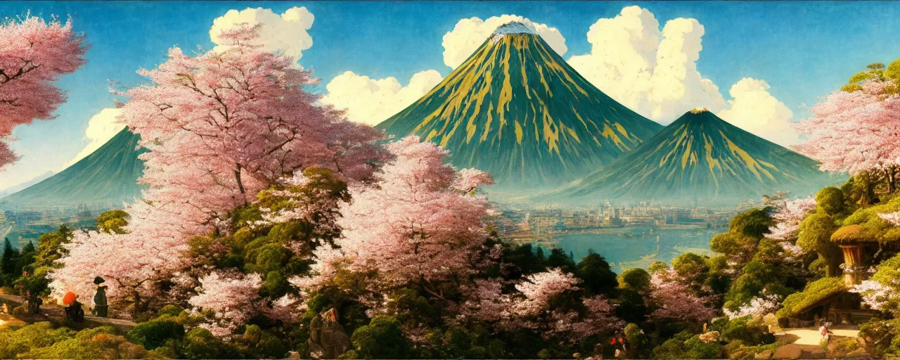 Prompt: ghibli illustrated background of a strikingly beautiful over a volcano with cherry blossom by eugene von guerard, ivan shishkin, albert edelfelt, john singer sargent, 4 k